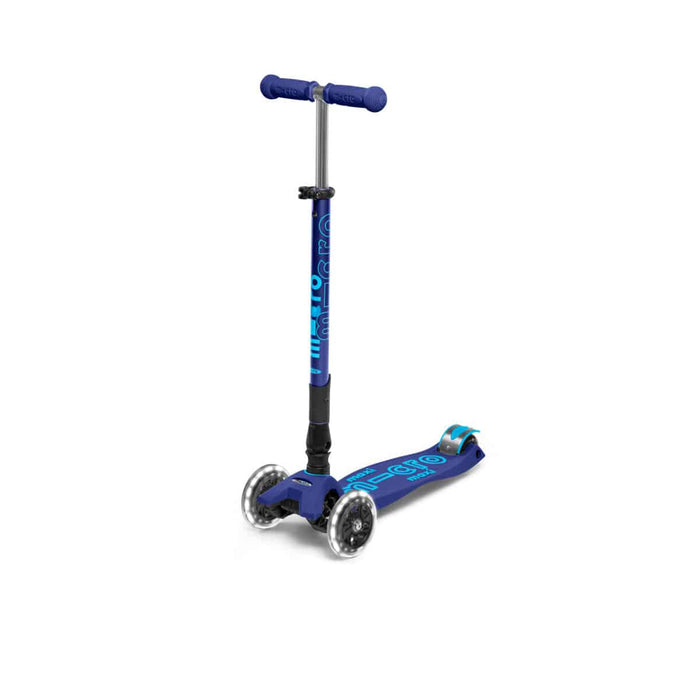 Maxi Micro 3 wheel foldable kick scooter with LED wheels, Navy, 3 quarter view