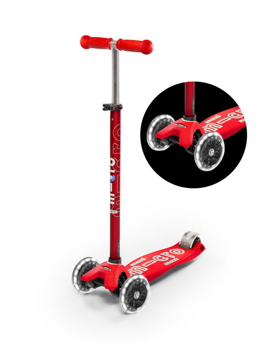 maxi micro deluxe LED three wheel kick scooter, red, 3 quarter view