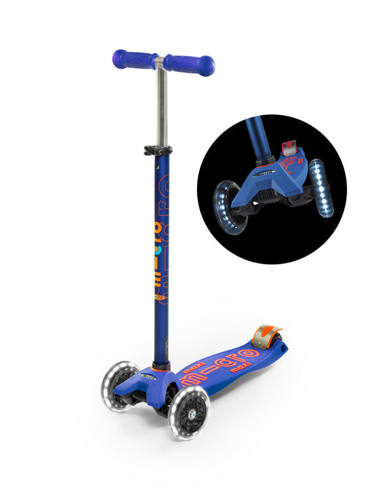 maxi micro deluxe LED three wheel kick scooter, blue, 3 quarter view