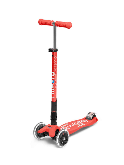Micro Maxi Deluxe Foldable LED three wheel kick scooter in bright coral, front view