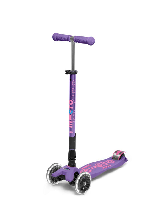 Maxi Micro 3 wheel foldable kick scooter with LED wheels, Purple, three quarter view