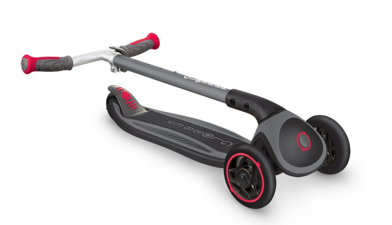 Globber Master three wheel foldable kick scooter for kids and teenagers, black red, folded view