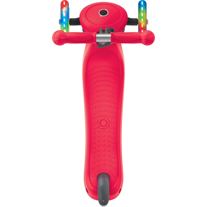 Globber Primo Light three wheel kick scooter for kids with LED light wheels, red top view