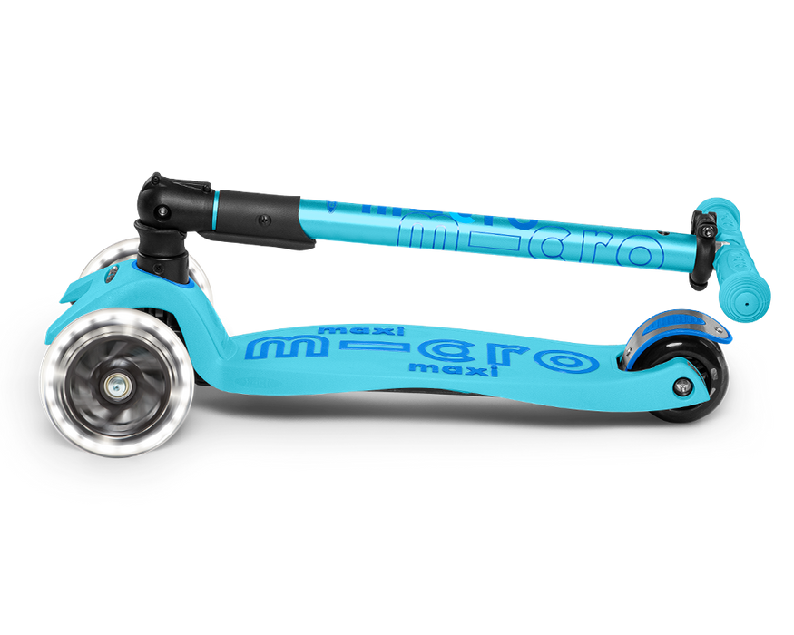 Micro Maxi LED Foldable Three Wheel kick scooter in Bright Blue, folded view