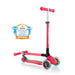 Globber Primo Lights foldable kick scooter, folded and unfolded view, in red