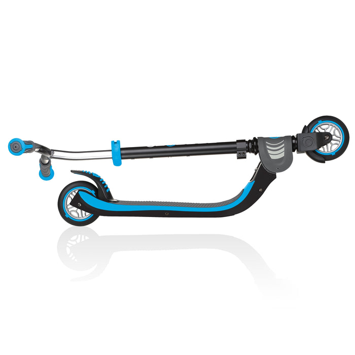 Globber Flow Foldable 125 two wheel kick scooter, in Sky Blue, folded view