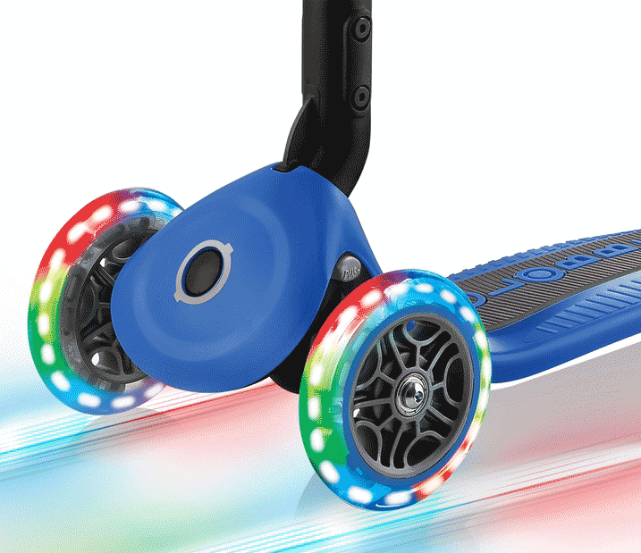 Close up of LED light up wheels on the Globber Primo Foldable Light 3 wheel scooter