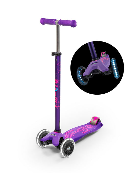 maxi micro deluxe LED three wheel kick scooter, purple, 3 quarter view