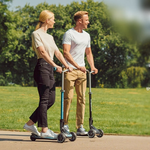 A couple riding the Globber Ultimum Three Wheel Kick Scooter