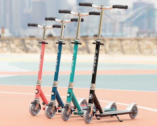 Line up of Globber Element Lights two-wheel foldable kick scooters