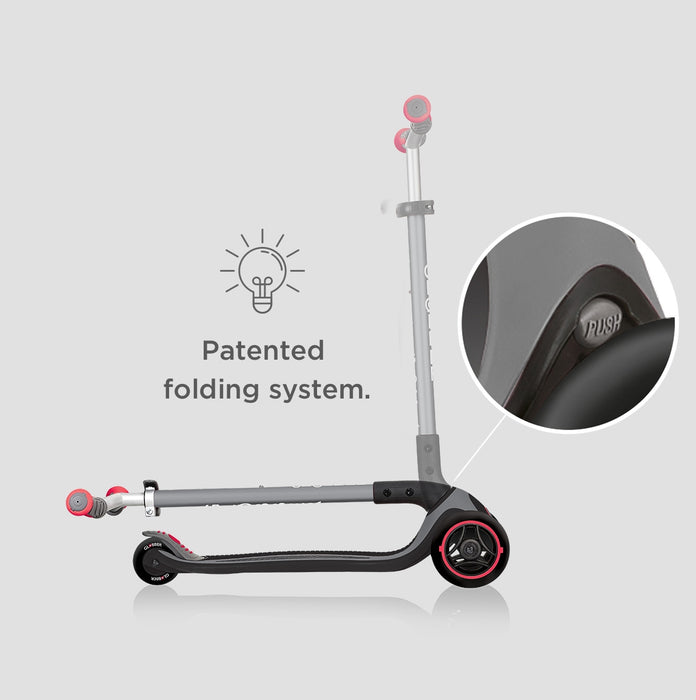 Globber Master three wheel foldable kick scooter for kids and teenagers, showing folding system