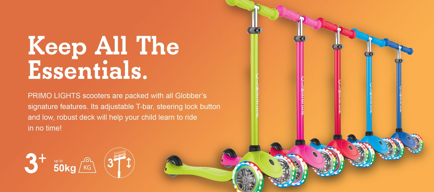 Globber Primo Light three wheel kick scooter for kids with LED light wheels, line up with details