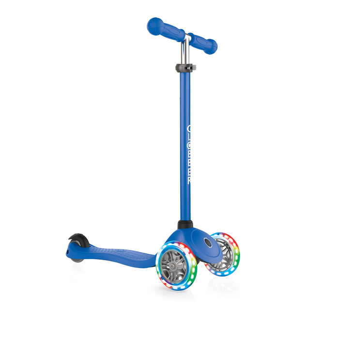 Globber Primo Light three wheel kick scooter for kids with LED light wheels, navy blue