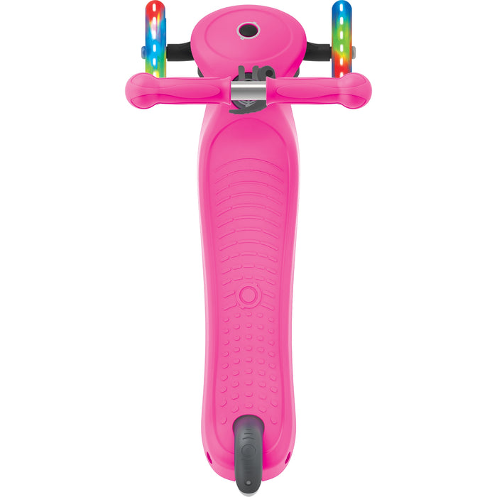 Globber Primo Light three wheel kick scooter for kids with LED light wheels, neon pink top view