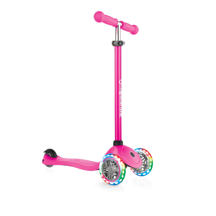 Globber Primo Light three wheel kick scooter for kids with LED light wheels, pink