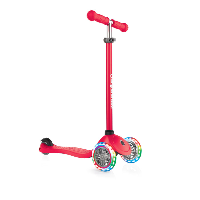 Globber Primo Light three wheel kick scooter for kids with LED light wheels, Red