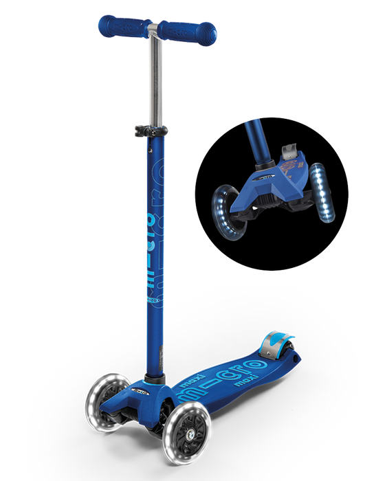 maxi micro deluxe LED three wheel kick scooter, navy blue, 3 quarter view