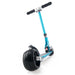 Micro kick scooter with extra wide wheels, sky blue rear wheel close up