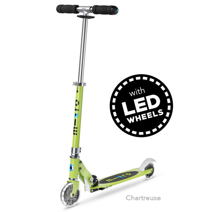 Micro Sprite two wheel kick scooter with LED Wheels, in Chartreuse