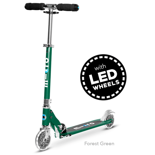 Micro Sprite LED two wheel kick scooter with light up wheels, in Forest Green