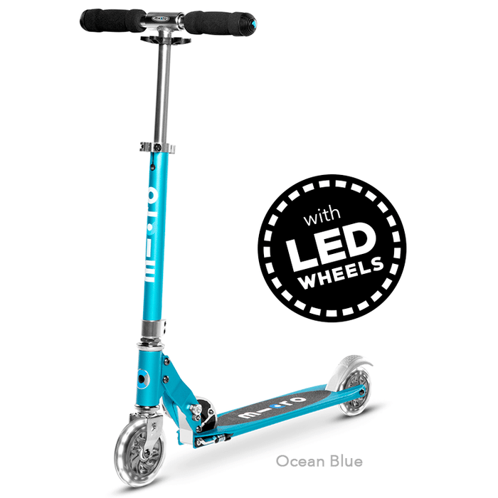 Micro Sprite LED two wheel kick scooter with light up wheels, in Ocean Blue