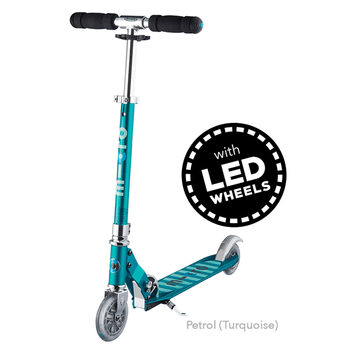 Micro Sprite LED two wheel kick scooter with light up wheels, in Petrol Green