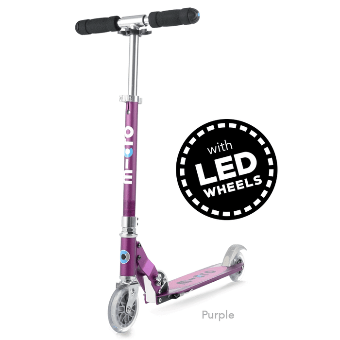 Micro Sprite LED two wheel kick scooter with light up wheels, in Purple