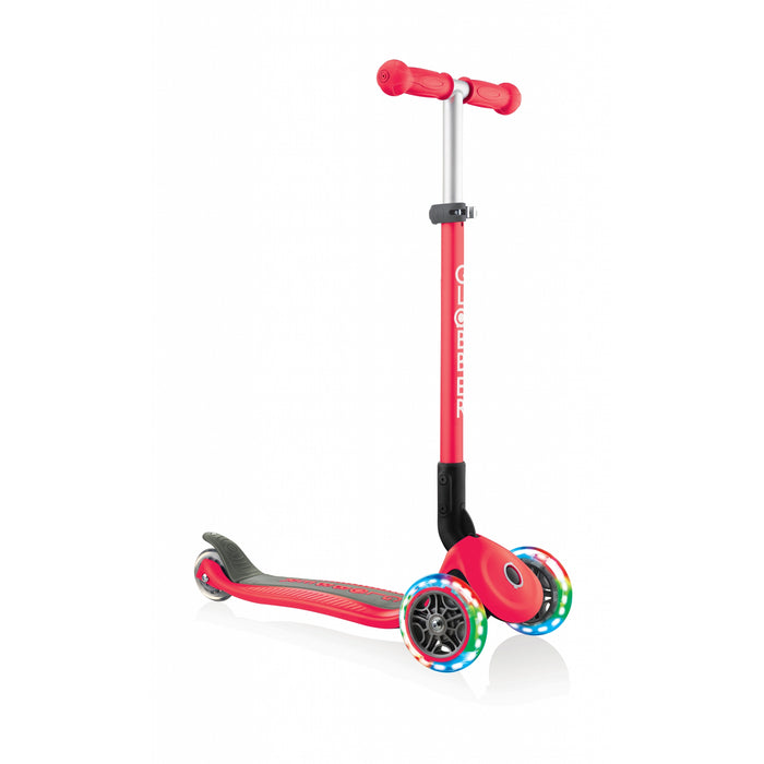 Globber Primo Lights foldable kick scooter, in red