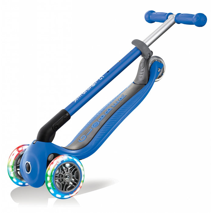 Globber Primo Lights foldable kick scooter, folded view, in blue