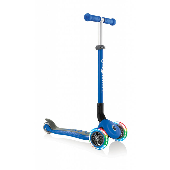 Globber Primo Lights foldable kick scooter, in blue