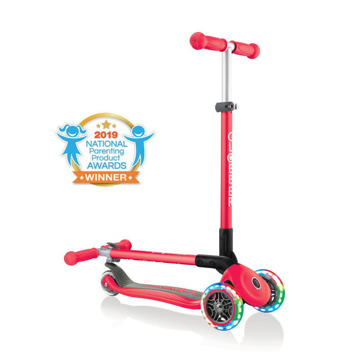 Globber Primo Lights foldable kick scooter, folded and unfolded view, in red